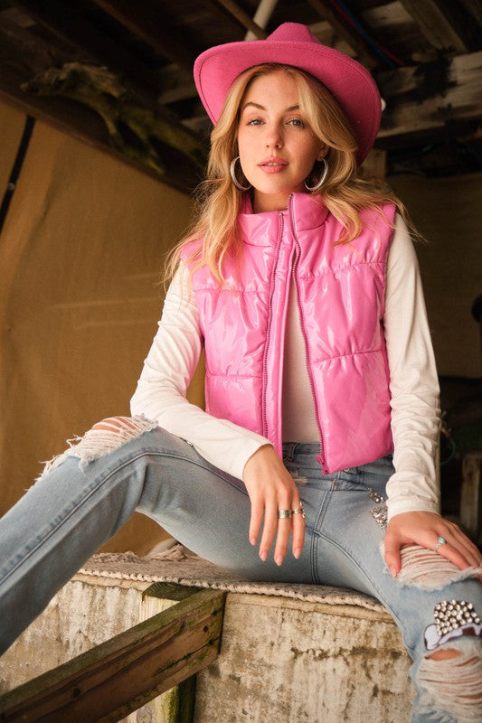 Cropped Puffer Zip-Up Vest || David's Clothing Pink / L