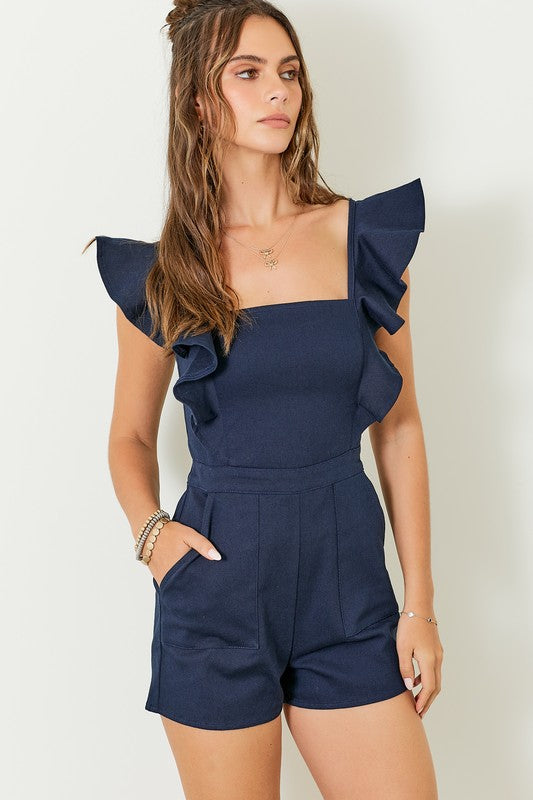DAY + MOON Women's Romper NAVY / S Stretch Denim Romper With Ruffle Details || David's Clothing DM1086
