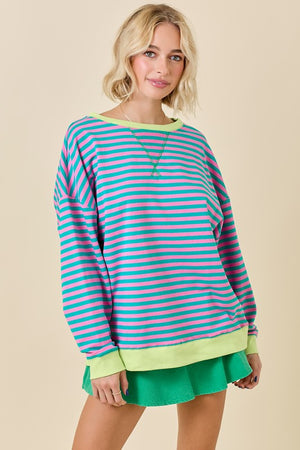 DAY + MOON Women's Top Oversized Stripe Knit Top With Contrasting Rib || David's Clothing