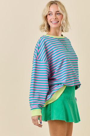 DAY + MOON Women's Top Oversized Stripe Knit Top With Contrasting Rib || David's Clothing