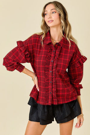 DAY + MOON Women's Top Plaid Shirt With Ruffles & Smocked Sleeve Cuffs || David's Clothing