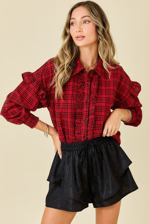 DAY + MOON Women's Top Plaid Shirt With Ruffles & Smocked Sleeve Cuffs || David's Clothing