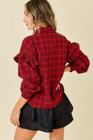 DAY + MOON Women's Top Plaid Shirt With Ruffles & Smocked Sleeve Cuffs || David's Clothing