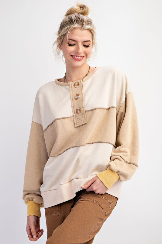 EASEL Women's Sweaters KHAKI / S Color Block Terry Knit Pullover || David's Clothing ET70899K