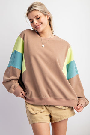 EASEL Women's Sweaters MOCHA / S Color Block Terry Knit Pullover || David's Clothing ET70785