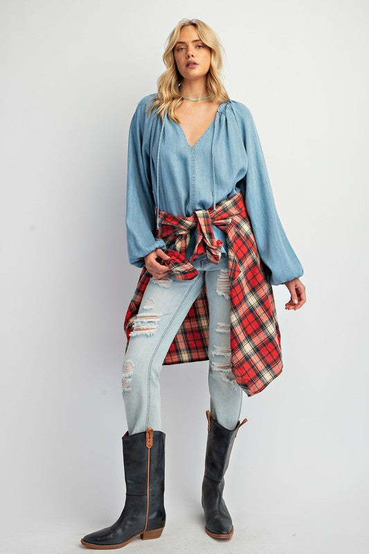 EASEL Women's Top Washed Chambray Flare Woven Tunic || David's Clothing