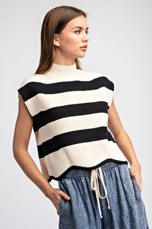 ee:some Women's Sweaters BLACK / S Striped Mock Neck Sleeveless Sweater || David's Clothing SH12079