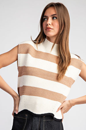 ee:some Women's Sweaters COCOA / S Striped Mock Neck Sleeveless Sweater || David's Clothing SH12079