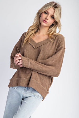 ee:some Women's Sweaters Fuzzy Loose Fit V Neck Long Sleeve Top || David's Clothing