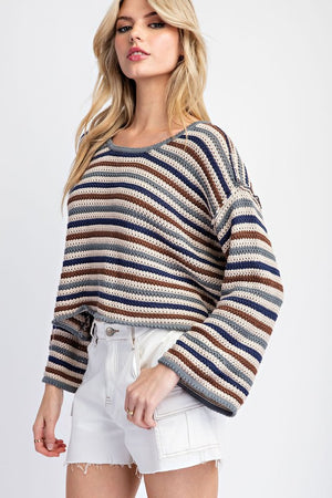 ee:some Women's Sweaters Striped Crochet Knit Long Sleeve Sweater || David's Clothing