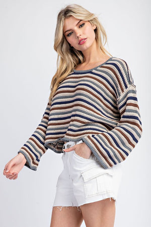 ee:some Women's Sweaters Striped Crochet Knit Long Sleeve Sweater || David's Clothing