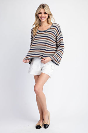 ee:some Women's Sweaters Striped Crochet Knit Long Sleeve Sweater || David's Clothing