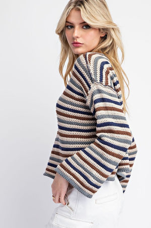 ee:some Women's Sweaters Striped Crochet Knit Long Sleeve Sweater || David's Clothing