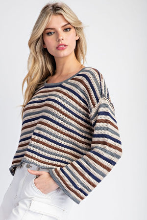 ee:some Women's Sweaters Striped Crochet Knit Long Sleeve Sweater || David's Clothing