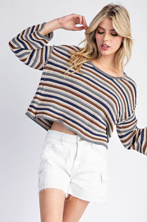 ee:some Women's Sweaters Striped Crochet Knit Long Sleeve Sweater || David's Clothing