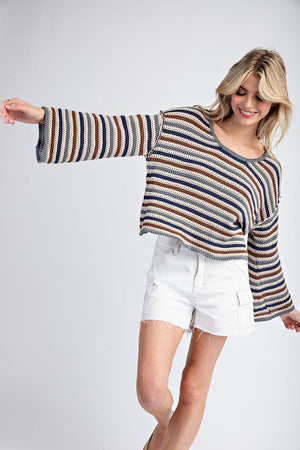 ee:some Women's Sweaters Striped Crochet Knit Long Sleeve Sweater || David's Clothing