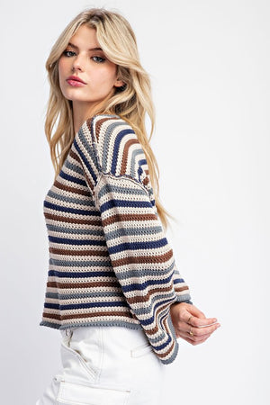 ee:some Women's Sweaters Striped Crochet Knit Long Sleeve Sweater || David's Clothing