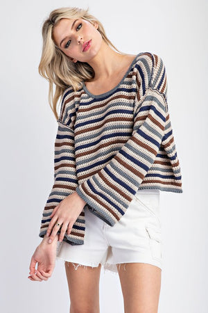 ee:some Women's Sweaters Striped Crochet Knit Long Sleeve Sweater || David's Clothing