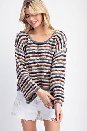 ee:some Women's Sweaters Striped Crochet Knit Long Sleeve Sweater || David's Clothing