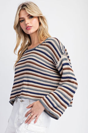 ee:some Women's Sweaters Striped Crochet Knit Long Sleeve Sweater || David's Clothing