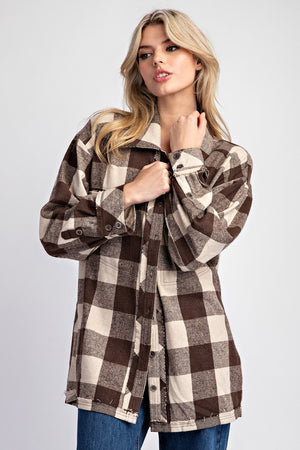 ee:some Women's Top COCOA / S Checker Print Button Down Shacket || David's Clothing JK11177