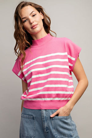 ee:some Women's Top PINK / S Short Sleeve Striped Top || David's Clothing SG8893