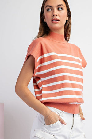 ee:some Women's Top SALMON / S Short Sleeve Striped Top || David's Clothing SG8893