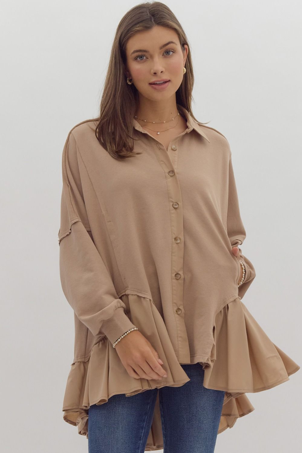 ENTRO INC Women Jackets MOCHA / S Ruffled Hem Button Up Jacket || David's Clothing J23328