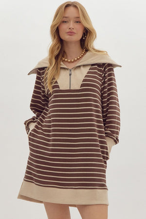 ENTRO INC Women's Dresses BROWN / S Stripe Print Ribbed Zip Up Long Sleeve Mini Dress || David's Clothing D24316