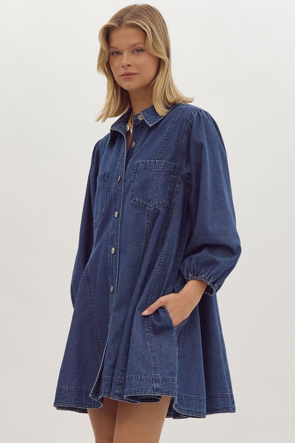 ENTRO INC Women's Dresses Denim Collared Button Up Long Sleeve Mini Dress || David's Clothing