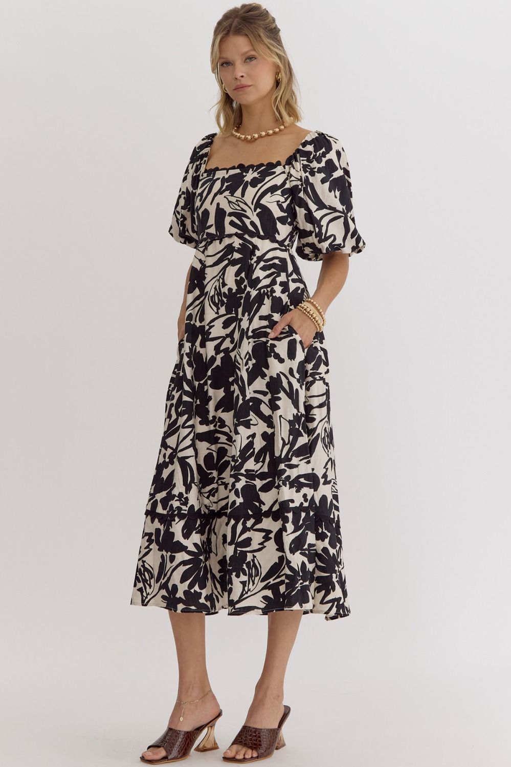 ENTRO INC Women's Dresses Floral Print Square Neck Bubble Sleeve Midi Dress || David's Clothing