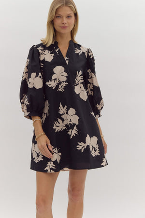 ENTRO INC Women's Dresses Floral Print V-Neck 3/4 Length Mini Dress || David's Clothing