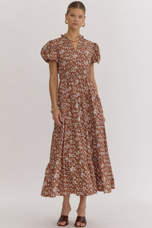 ENTRO INC Women's Dresses Floral Print V-Neck Bubble Sleeve Maxi Dress || David's Clothing