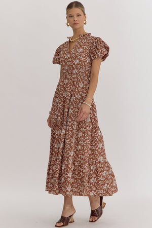 ENTRO INC Women's Dresses Floral Print V-Neck Bubble Sleeve Maxi Dress || David's Clothing