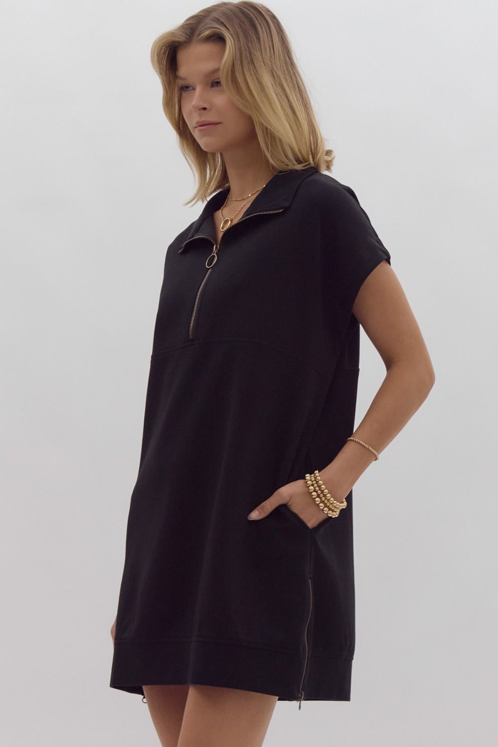 ENTRO INC Women's Dresses BLACK / S Knit Zip Sweater Dress || David's Clothing D24102