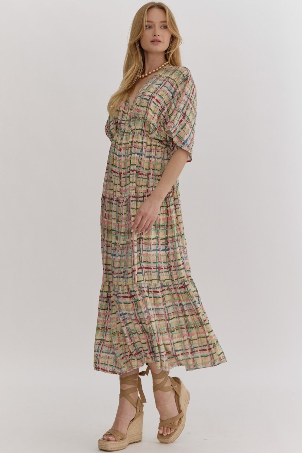 ENTRO INC Women's Dresses Multi-Color Plaid Print Deep V-Neck Midi Dress || David's Clothing