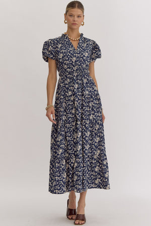 ENTRO INC Women's Dresses NAVY / S Floral Print V-Neck Bubble Sleeve Maxi Dress || David's Clothing D24343