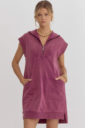 ENTRO INC Women's Dresses PLUM / S Solid Mock-Neck Sleeveless Mini Dress || David's Clothing D22130