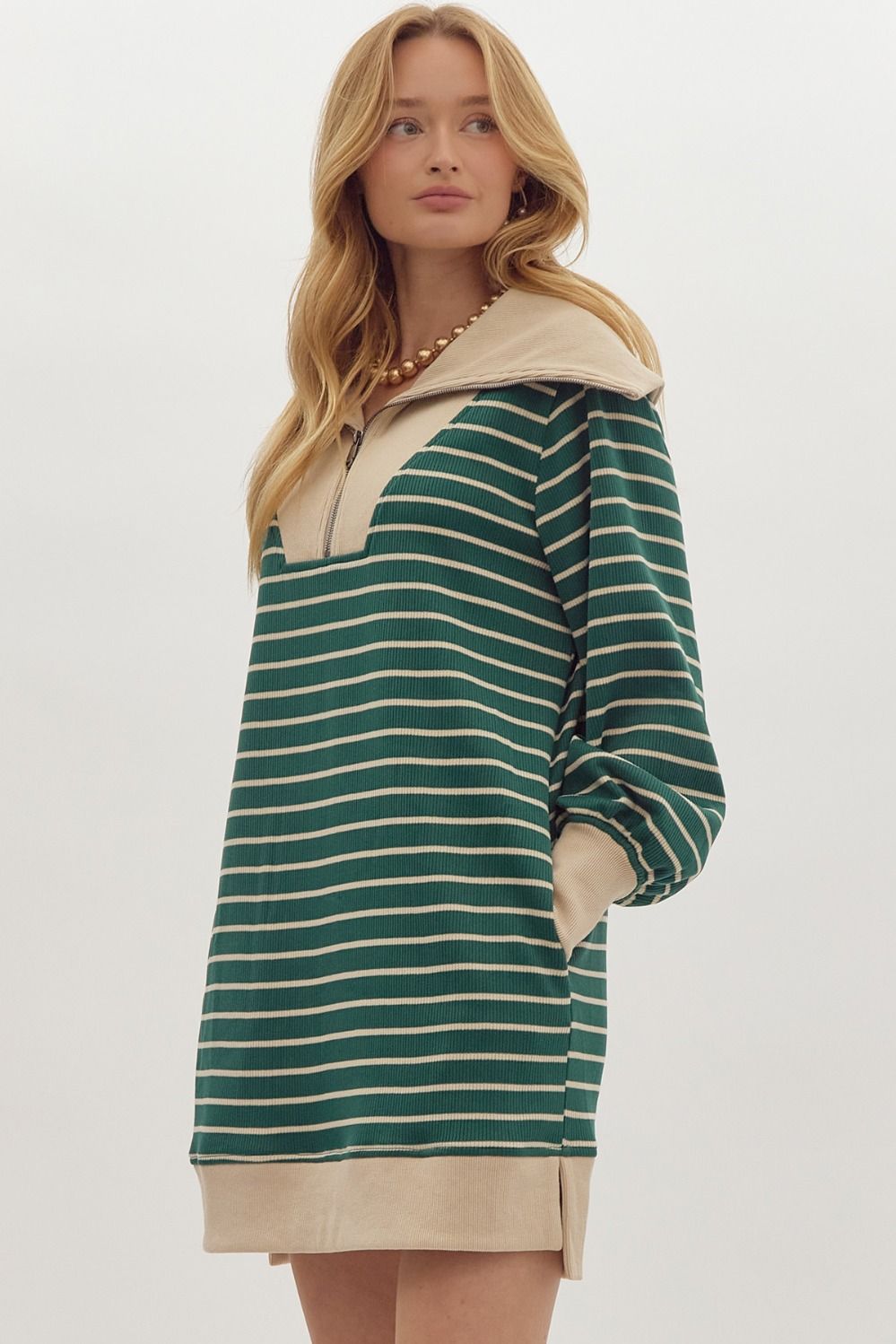 ENTRO INC Women's Dresses GREEN / S Stripe Print Ribbed Zip Up Long Sleeve Mini Dress || David's Clothing D24316