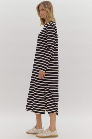 ENTRO INC Women's Dresses Stripe Print Round Neck Long Sleeve Midi Dress || David's Clothing