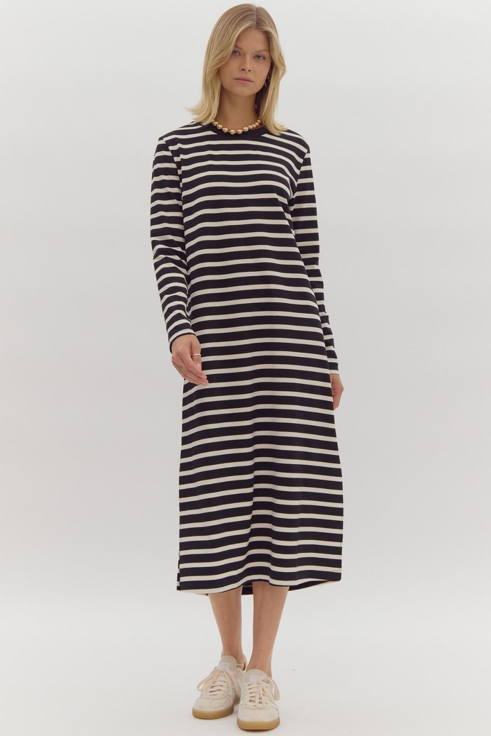 ENTRO INC Women's Dresses Stripe Print Round Neck Long Sleeve Midi Dress || David's Clothing