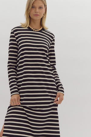 ENTRO INC Women's Dresses Stripe Print Round Neck Long Sleeve Midi Dress || David's Clothing