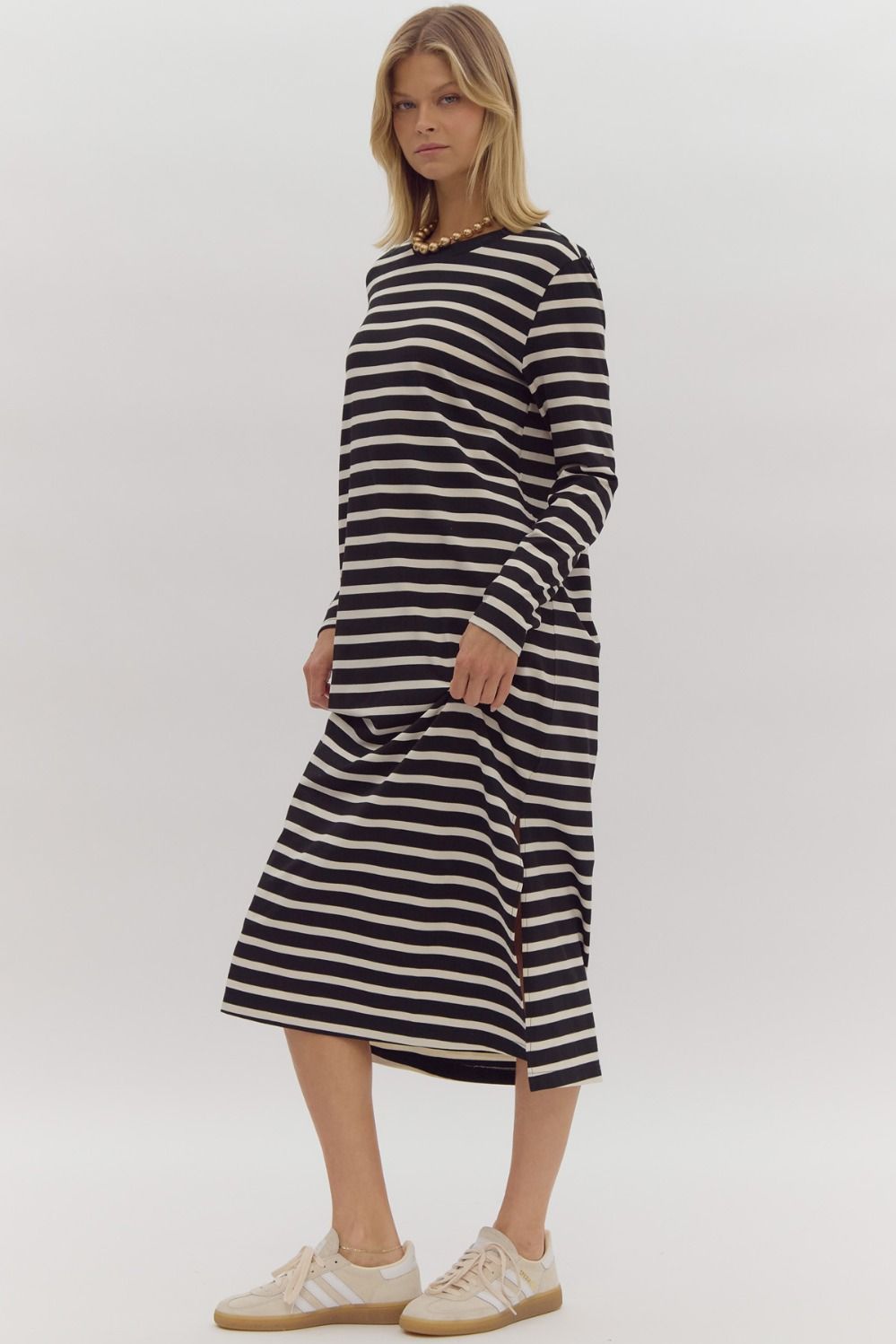 ENTRO INC Women's Dresses Stripe Print Round Neck Long Sleeve Midi Dress || David's Clothing