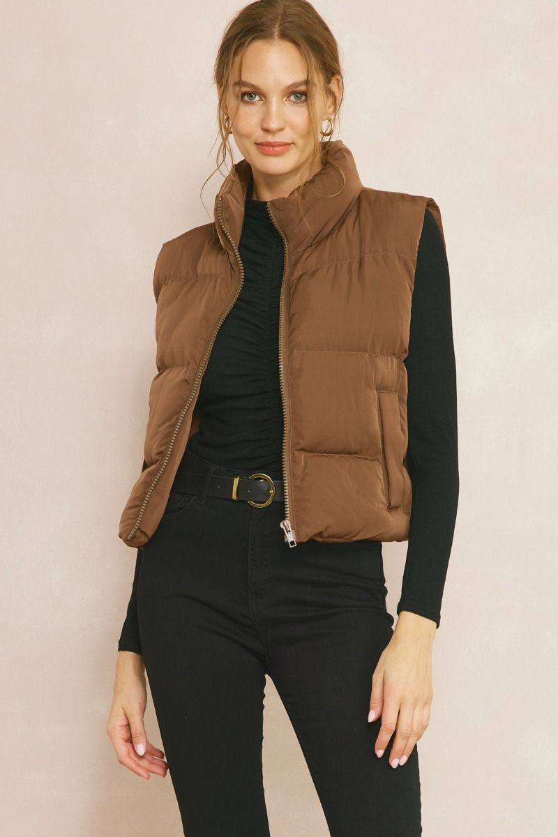 Women's Brown Puffer Vest- Brown Cropped Puffer Vest- Entro Clothing Vest Small