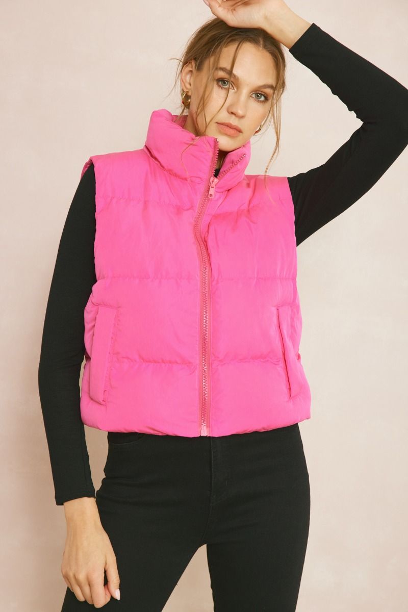 Cropped Puffer Zip-Up Vest || David's Clothing Pink / L