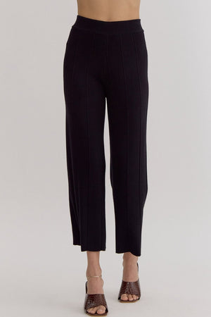 ENTRO INC Women's Pants BLACK / S Ribbed High Waisted Wide Leg Pants || David's Clothing P24220