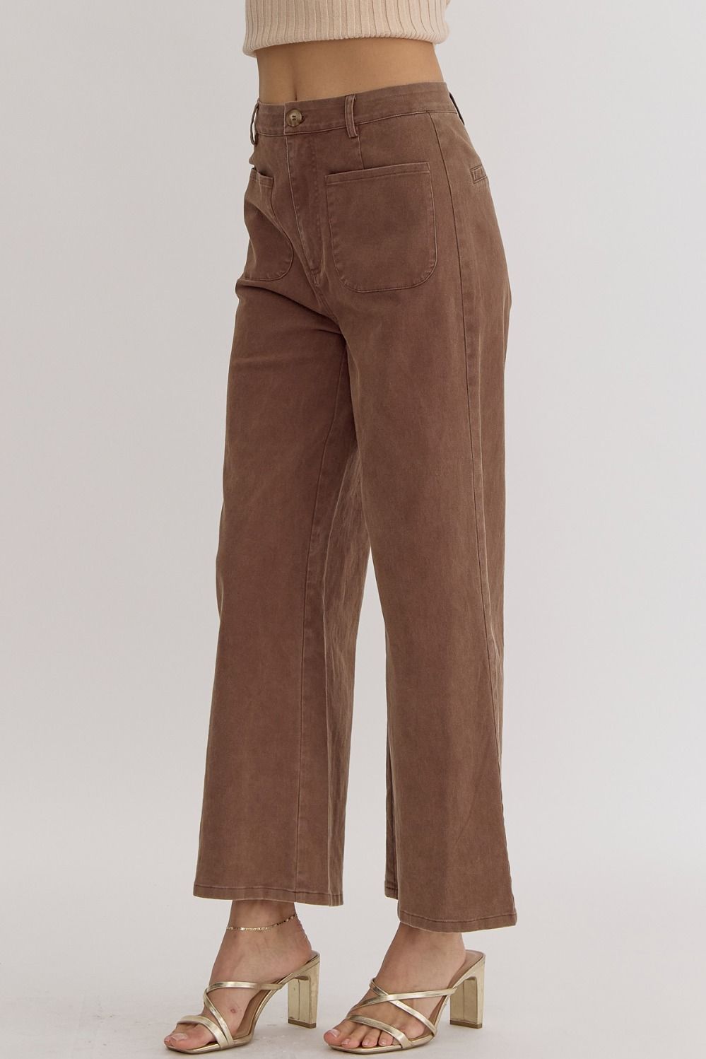 ENTRO INC Women's Pants BROWN / S Solid High Waisted Wide Leg Pants || David's Clothing P24204