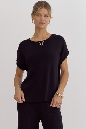 ENTRO INC Women's Top BLACK / S Solid Ribbed Round Neck Short Sleeve Top || David's Clothing T24219