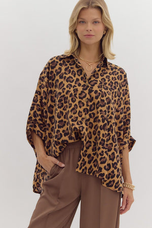 ENTRO INC Women's Top Cheetah Print Button Down Collared Half Sleeve Top || David's Clothing