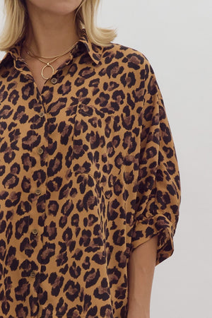 ENTRO INC Women's Top Cheetah Print Button Down Collared Half Sleeve Top || David's Clothing